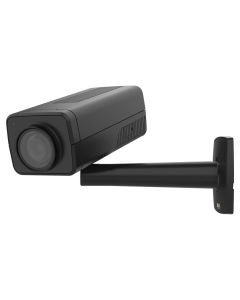 Voorkant en rechter zijkant van de Axis Q1715 Block indoor beveiligingscamera met 21x optische zoom en een bevestigingsbeugel