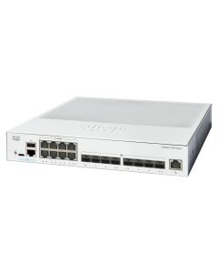 Bovenkant en voorkant van de Cisco Catalyst C1300-16XTS managed 16-poorts netwerk switch met 10G ethernetpoorten en sFP+ poorten