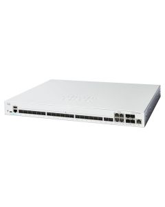 Zijkant bovenkant en voorkant van de Cisco Catalyst C1300-24XS managed 24-poorts SFP+ L3 switch met alle SFP+ poorten
