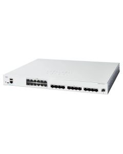 Zijkant bovenkant en voorkant van de Cisco Catalyst C1300-24XTS managed 24-poorts netwerk switch met 12 10G ethernetpoorten en 12 10G SPF+ poorten