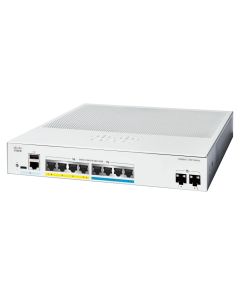 Voorkant en zijaanzicht van de Cisco Catalyst C1300-8MGP-2X managed netwerk switch met PoE+