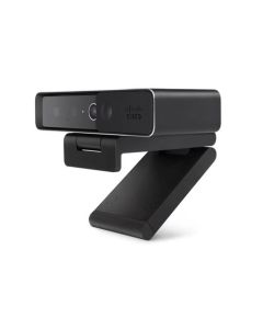 Zijkant en voorkant van de Cisco Webex Desk Camera 4K videoconferencing camera met bevestigingsclip voor op een monitor, laptop of tripod