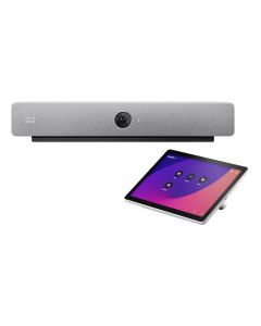 Hoofdfoto met de voorkant van de Cisco Webex Room Bar videoconferencing kit voor 7 personen en een bedientablet
