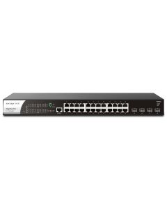 Voorkant van de DrayTek VigorSwitch P2282X Layer 2+ managed switch met alle netwerkpoorten