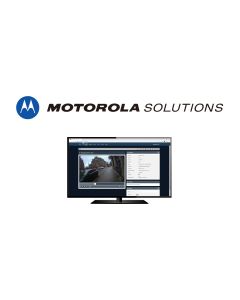 Afbeelding bij de Motorola VideoManager softwarelicentie VM-EPL-VT-1-N met het Motorola Solutions logo en een monitor met daarop de VideoManager software