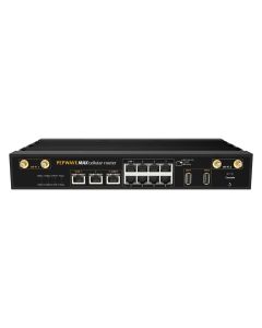 Voorkant van de Peplink MAX HD4 MBX 4G+ Pro CAT 20 quad modem router met alle ethernetpoorten en USB poorten en WiFi-antenne connectoren