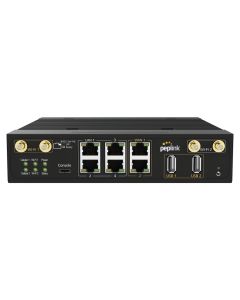 Voorkant van de Peplink MAX MBX Mini dual modem 5G router met WAN en LAN poorten en USB poorten en WiFi-antenne aansluitingen