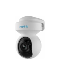 Voorkant en rechter zijkant van de Reolink E540 outdoor 5MP PTZ WiFi camera wit met muurbeugel