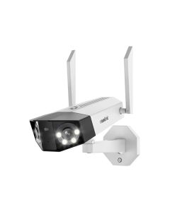 Voorkant en zijkant van de dual-lens Reolink W730 WiFi outdoor 4K beveiligingscamera met panoramisch 180 graden zicht