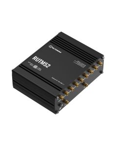Voorkant van de Teltonika RUTM52 dual 5G router en zijkant met alle aansluitingen