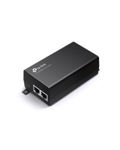 Zijkant en voorkant van de TP-Link PoE-160S Gigabit PoE+ injector met twee ethernetpoorten