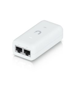 Bovenkant en voorkant van de Ubiquiti U-POE-af Gigabit PoE injector met ethernetpoorten