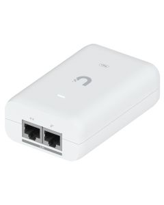 De Ubiquiti 2.5G PoE+ Adapter tot 30W met het Ubiquiti logo en twee 2.5 gigabit ethernetpoorten voor PoE+ voeding van netwerkapparatuur
