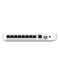 Voorkant van de compacte Ubiquiti UniFi Flex 2.5G PoE 8-poorts managed PoE++ switch met alle ethernetpoorten en de combopoort