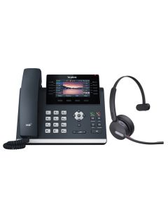 Voorkant van de Yealink T46U VoIP telefoon met de Yealink WH64 Mono headset