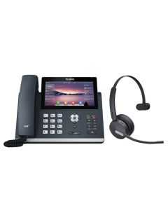 Voorkant van de Yealink T48U VoIP-telefoon met de Yealink WH64 Mono DECT en Bluetooth headset