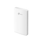 Voorkant en zijkant van het TP-Link Omada EAP615-Wall WiFi 6 indoor access point die je op een EU wandcontactdoos aansluit