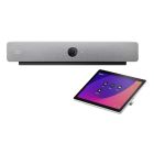 Hoofdfoto met de voorkant van de Cisco Webex Room Bar videoconferencing kit voor 7 personen en een bedientablet
