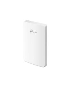 Voorkant en zijkant van het TP-Link Omada EAP615-Wall WiFi 6 indoor access point die je op een EU wandcontactdoos aansluit