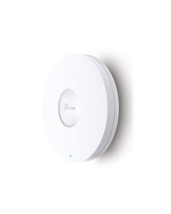 Het TP-Link Omada SDN EAP670 WiFi 6 indoor access point aan de zijkant en voorkant met TP-Link logo