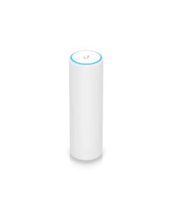 Voorkant van het Ubiquiti UniFi 6 Mesh WiFi 6 access point en de bovenkant met Ubiquiti UniFi logo