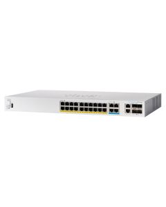 Zijkant en voorkant van de Cisco Catalyst C1300-24MGP-4X managed 24-poorts PoE switch met alle PoE+ ethernetpoorten en SFP+ poorten
