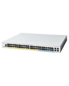 Bovenkant en voorkant van de Cisco Catalyst C1300-48MGP-4X managed 48-poorts netwerk switch
