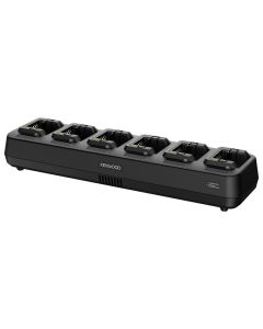 Zijkant en bovenkant van de Kenwood KSC-526E 6-vaks portofoon lader met 6 KSC-52PBW pockets