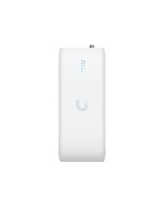 Voorkant van de Ubiquiti UniFi Device Bridge met een Ubiquiti logo en RP-SMA antenneconnector aan de bovenkant