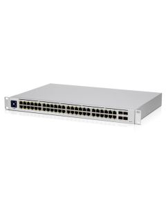 Bovenkant, zijkant en voorkant van de Ubiquiti UniFi USW-48-POE Gen2 managed 48-poorts PoE+ netwerk switch