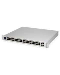 Bovenaanzicht en voorkant van de 48-poorts Ubiquiti UniFi USW-Pro-48-POE Gen2 netwerk switch