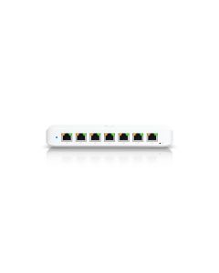Voorkant van de Ubiquiti UniFi Ultra 60W switch met alle ethernetpoorten en bovenkant met Ubiquiti UniFi logo